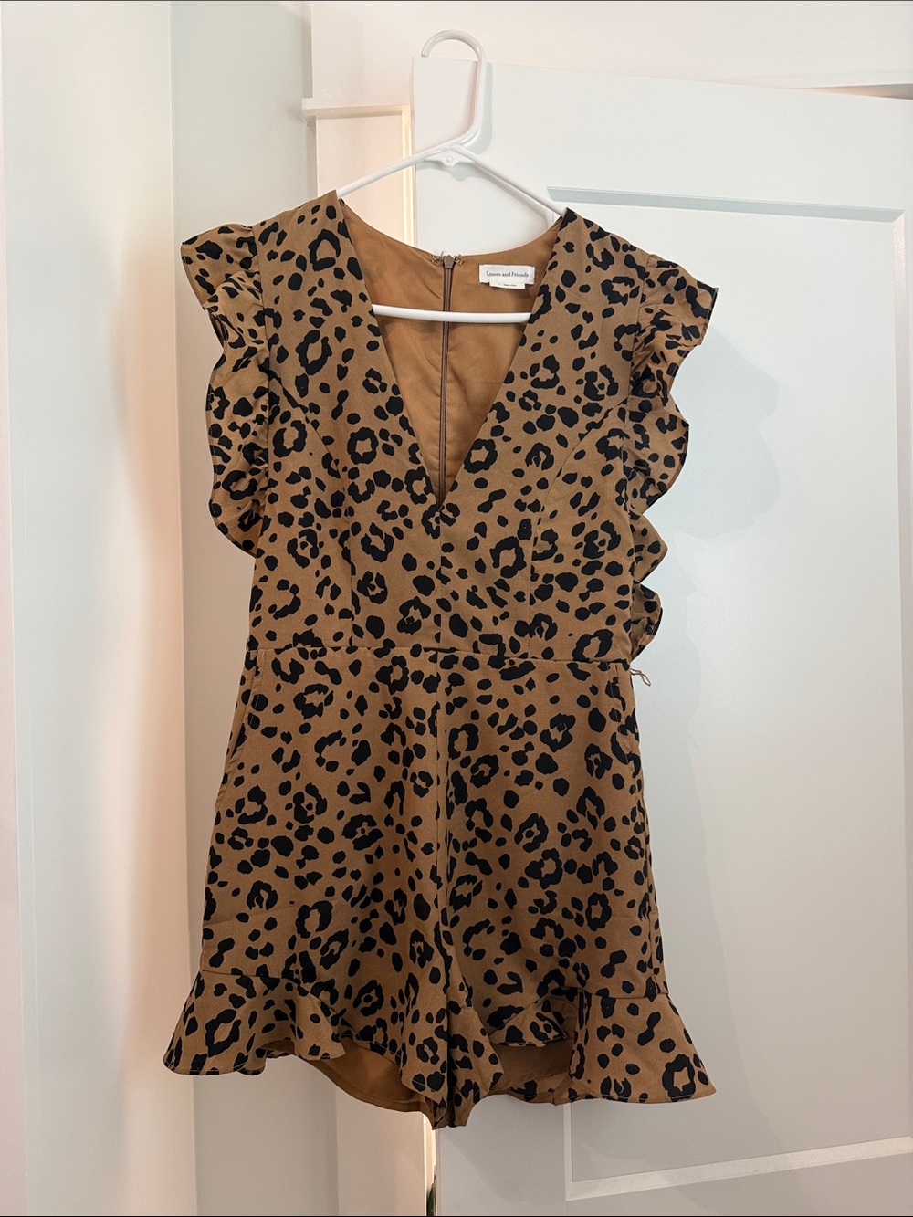 REVOLVE Leopard Print Ruffle V-Neck Mini Dress - Brown/Black